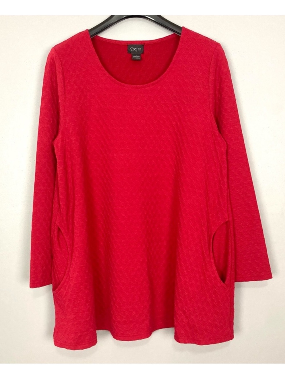 Toofan Textured Knit Tunic Top Women’s Size L Pockets Lagenlook Stretch Boho Red